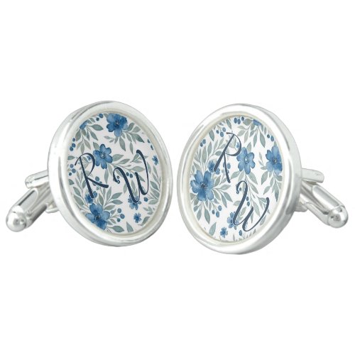 Chic Cufflinks With Blue And Sage Green Floral Art