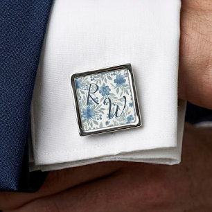 Chic Cufflinks With Blue And Sage Green Floral Art