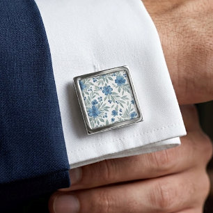 Chic Cufflinks With Blue And Sage Green Floral Art