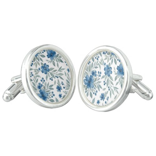 Chic Cufflinks With Blue And Sage Green Floral Art