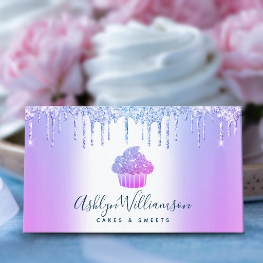 Customizable Chic Cupcake Bakery Chef Glitter Drips Purple Blue Business Card