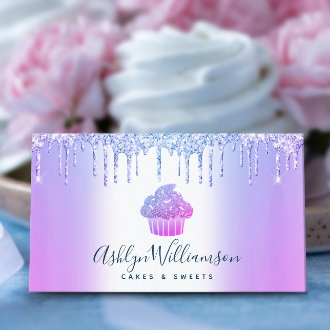 Chic Cupcake Bakery Chef Glitter Drips Purple Blue Business Card (Creator Uploaded)