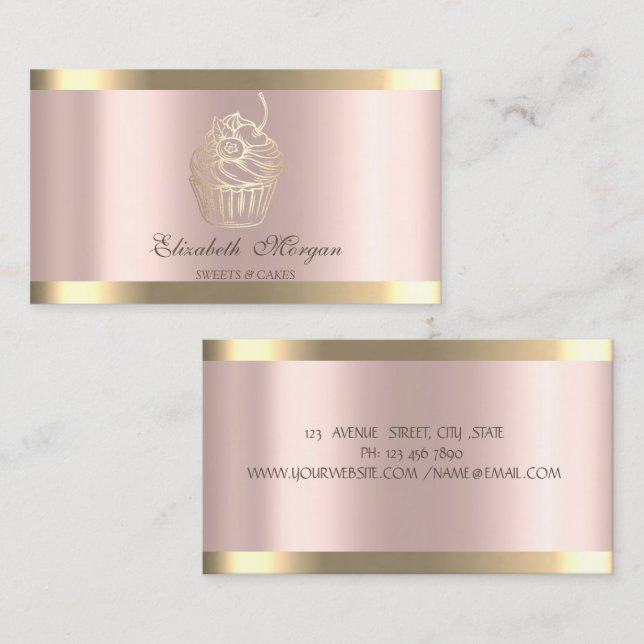 Chic Cupcake Gold Stripe Rose Gold Bakery Business Card (Front/Back)