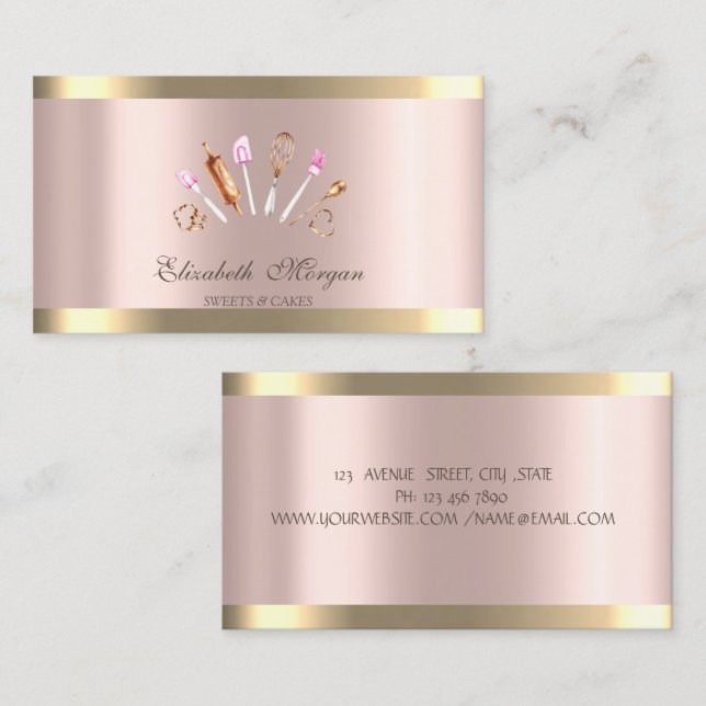 Chic Cupcake Gold Stripe Rose Gold Bakery Tools Business Card (Front/Back)