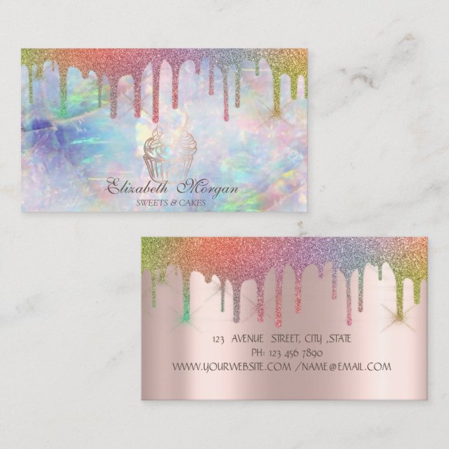 Chic Cupcake Rainbow Drips Bakery Opal Business Card (Front/Back)