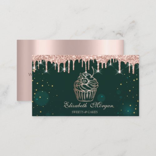 Chic Cupcake Rose Gold Drips Bakery Green Business Card