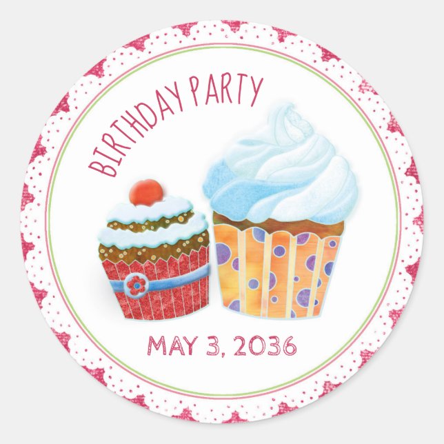 Chic Cupcakes Birthday Party Favor Classic Round Sticker (Front)
