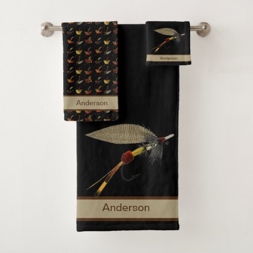 Chic Custom Black Tan Fly Fishing Flies Coastal Bath Towel Set