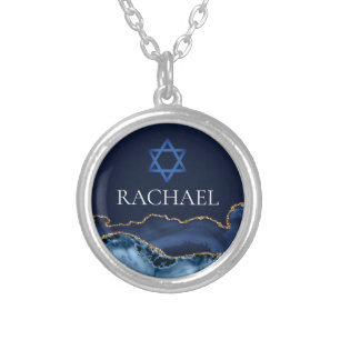 Chic Custom Blue Bat Mitzvah Star of David Jewish Silver Plated Necklace