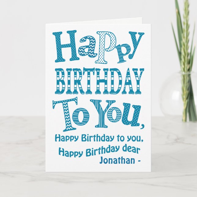 Chic Custom Blue, White Text-Based Birthday Song Card (Front)