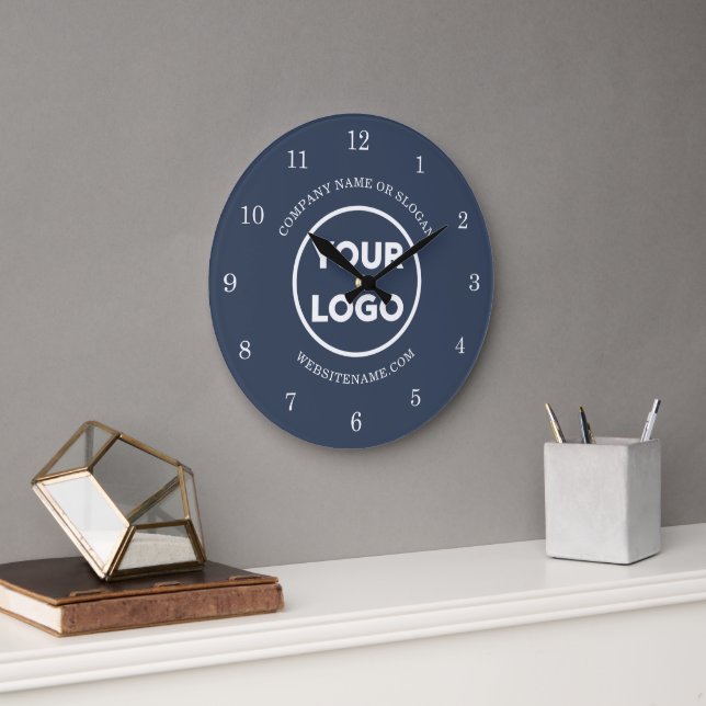 Chic Custom Business Logo and Text on Navy Blue Large Clock (Office)