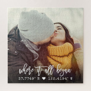 Chic Custom Coordinates Brush Script Photo Jigsaw Puzzle