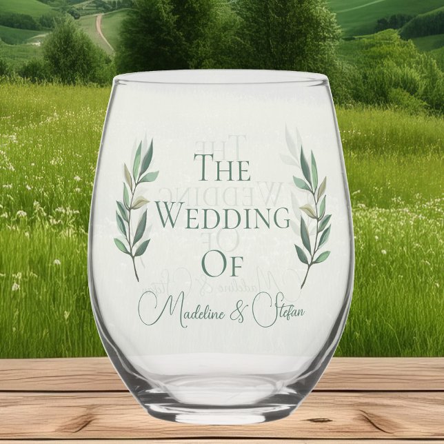 Chic Custom Eucalyptus Leaves Botanical Wedding Stemless Wine Glass (Creator Uploaded)