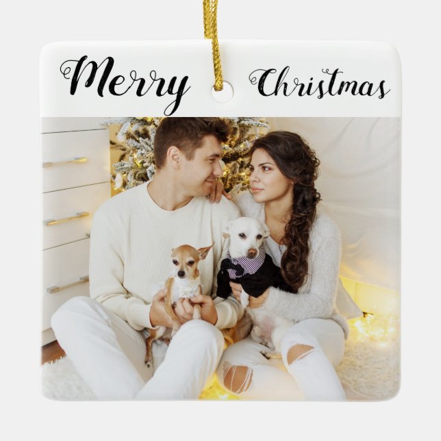 Chic Custom Family Couple Photo Holiday Christmas Ceramic Ornament (Front)