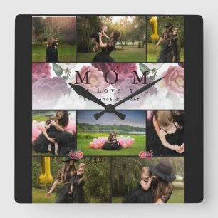 Chic Custom Floral Family and Mother Photo Collage Square Wall Clock
