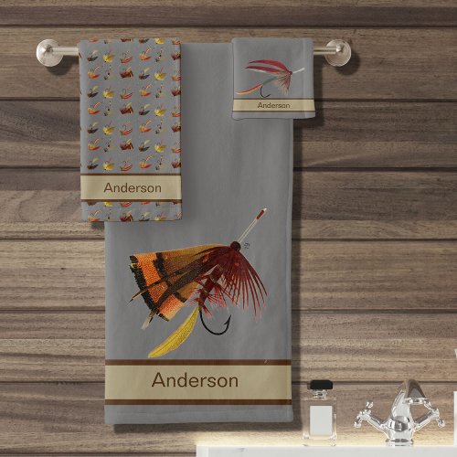 Chic Custom Gray Tan Fly Fishing Flies Coastal Bath Towel Set