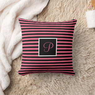Chic Custom Initial Hot Pink and Black Striped Throw Pillow