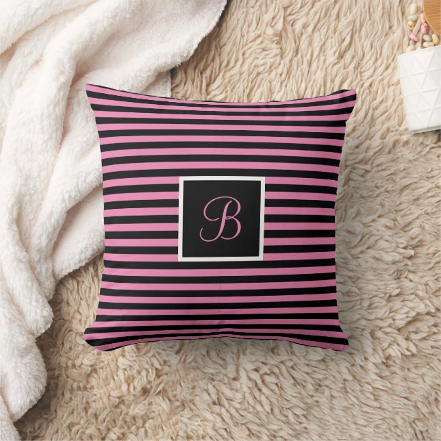 Chic Custom Initial Letter Pink and Black Striped Throw Pillow (Blanket)