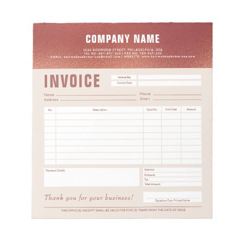 Chic Custom Logo Rose Gold Foil Invoice Form Notepad