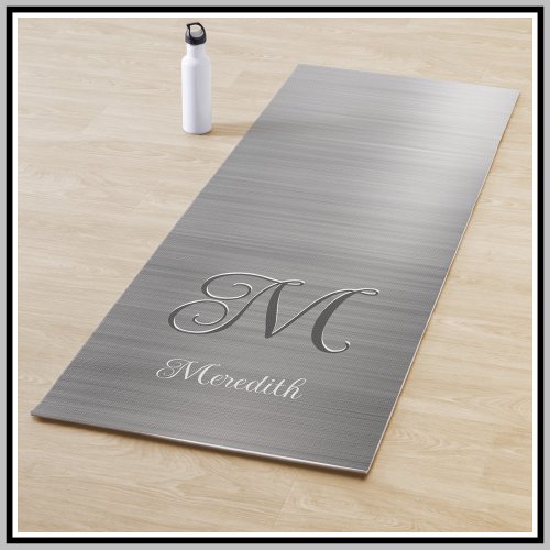 Chic Custom Monogram Grey Brushed Metallic Script  Yoga Mat