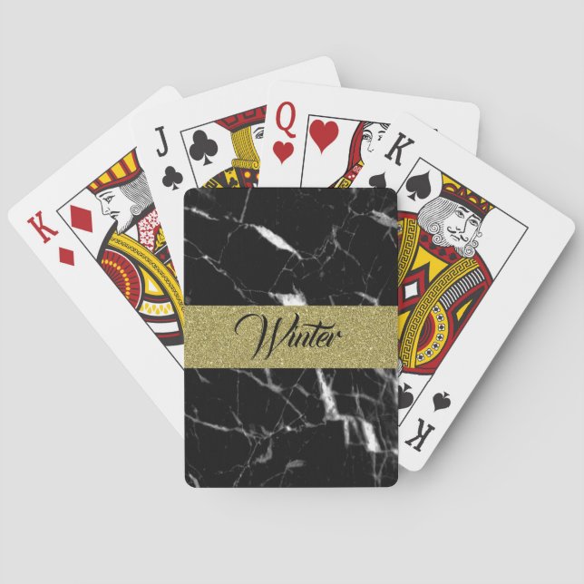 Chic custom name black marble and gold poker cards (Back)
