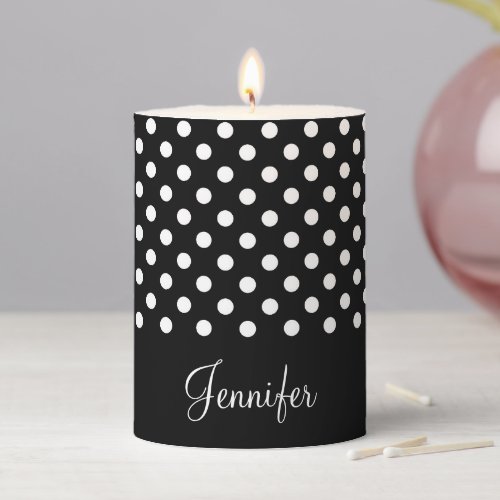 Chic Custom Name Black  White Polka Dots Pattern Pillar Candle