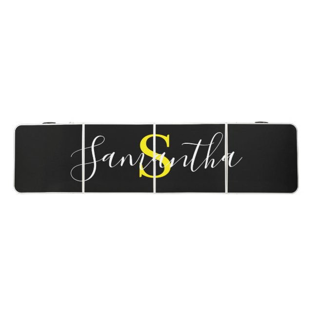 Chic Custom Name Calligraphy Gold Monogram Black Beer Pong Table (Top)