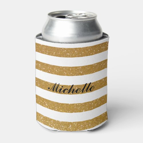 Chic custom name gold glitter striped can coolers