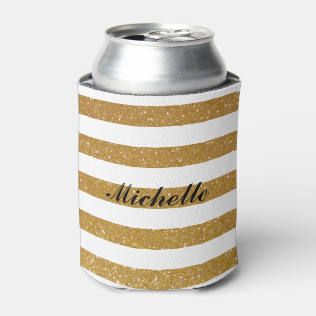 Chic custom name gold glitter striped can coolers (Can Front)