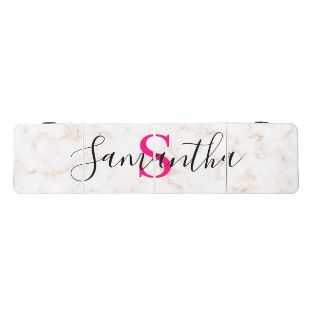 Chic Custom Name Pink Monogram White Marble Beer Pong Table (Top)