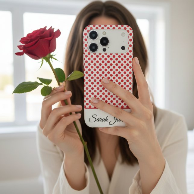 Chic Custom Name Retro Red Polka Dots Pattern iPhone Case (Creator Uploaded)