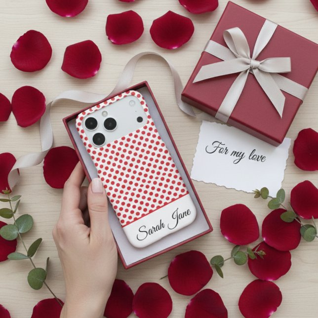 Chic Custom Name Retro Red Polka Dots Pattern iPhone Case (Creator Uploaded)