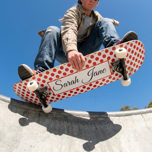 Chic Custom Name Vintage Red Polka Dot Skateboard