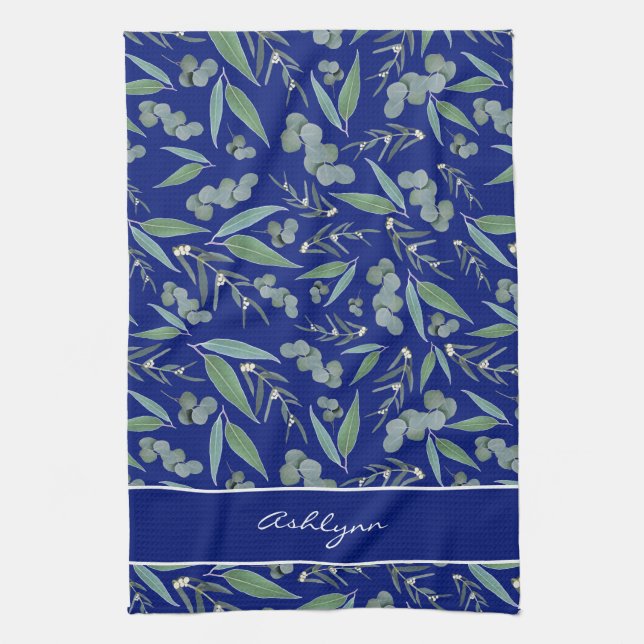 Chic Custom Navy Blue Eucalyptus Greenery Pattern Kitchen Towel (Vertical)