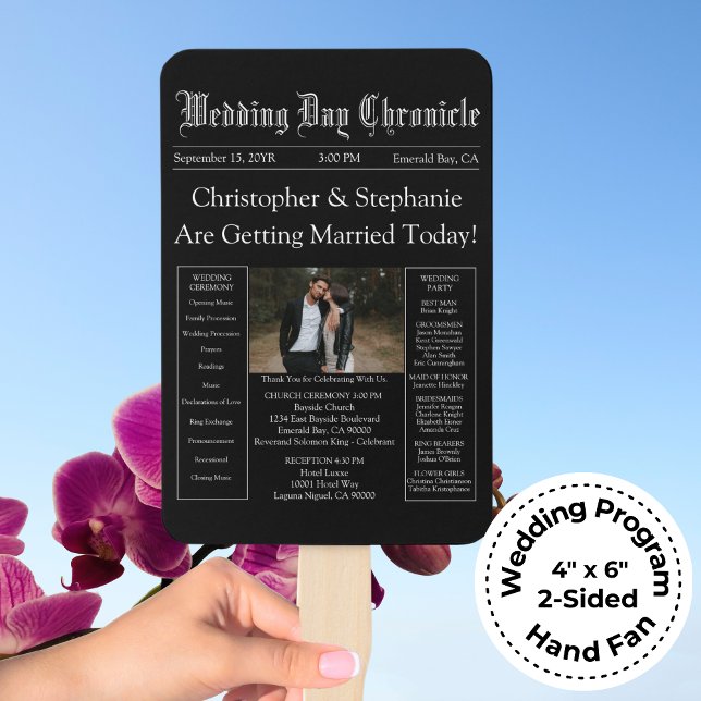 Chic Custom Newspaper Wedding Program QR Code Hand Fan (Custom Stylish Typography 1 Photo Black Newspaper Wedding Program)