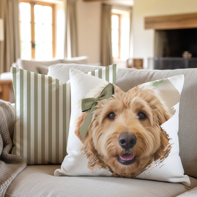 Chic Custom Photo Paint Brushstroke Dog Green Throw Pillow (Creator Uploaded)