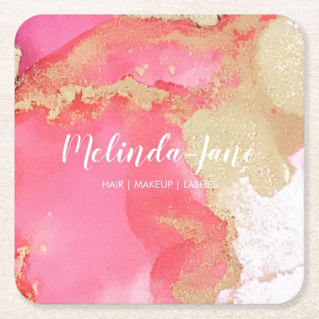 Chic Custom Pink Gold Watercolor Blot Square Paper Coaster (Front)