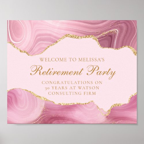 Chic Custom Retirement Party Pink Gold Agate Poster