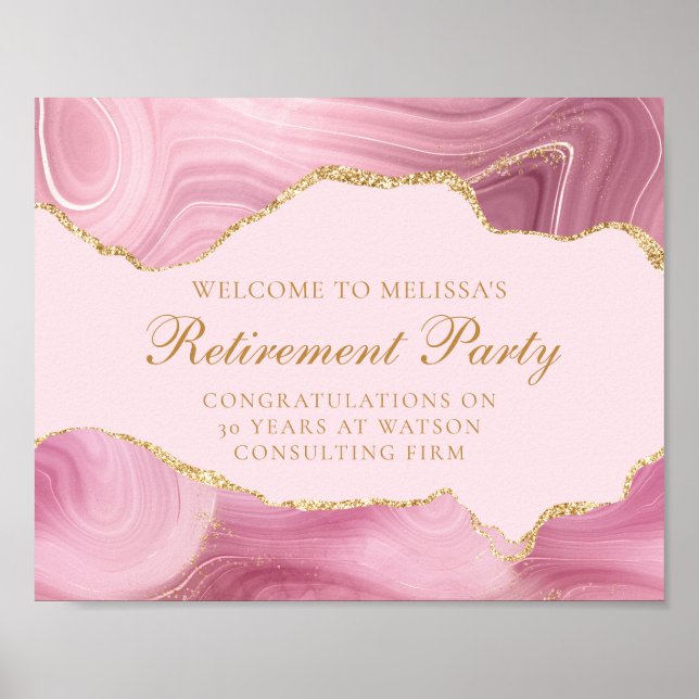 Chic Custom Retirement Party Pink Gold Agate Poster (Front)