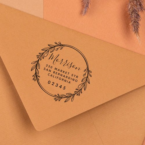 Chic Custom Script Botanical Wreath Return Address Self_inking Stamp