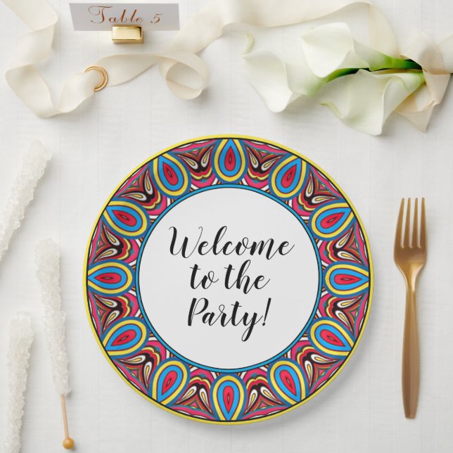 Chic Custom Star Mosaic Kaleidoscope Art Pattern Paper Plates (Wedding)