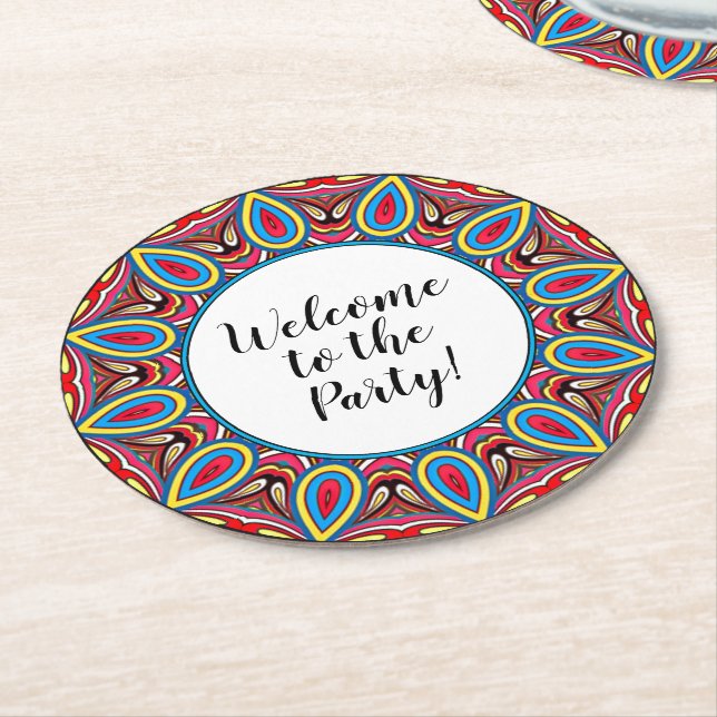 Chic Custom Star Mosaic Kaleidoscope Art Pattern Round Paper Coaster (Angled)