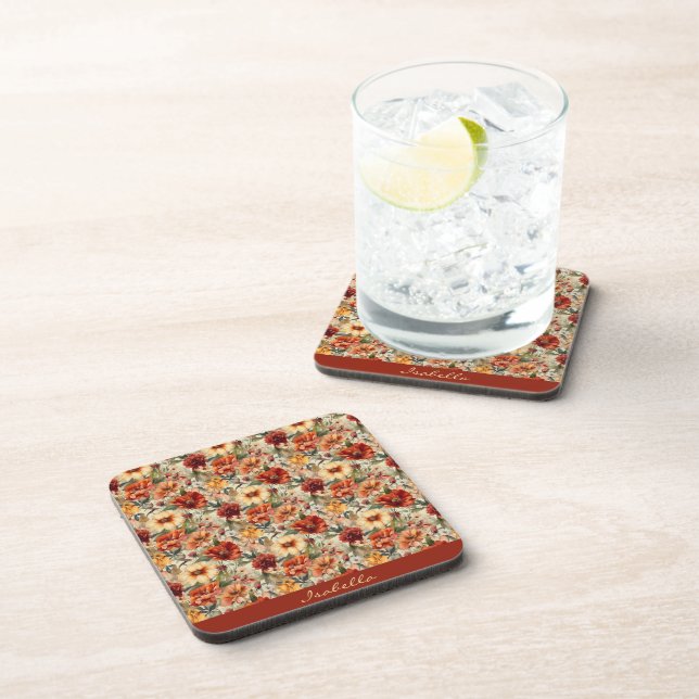 Chic Custom Watercolor Floral Pattern  Beverage Coaster (Right Side)
