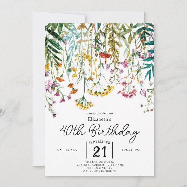 Chic Custom Wildflowers 40th birthday  Invitation (Front)