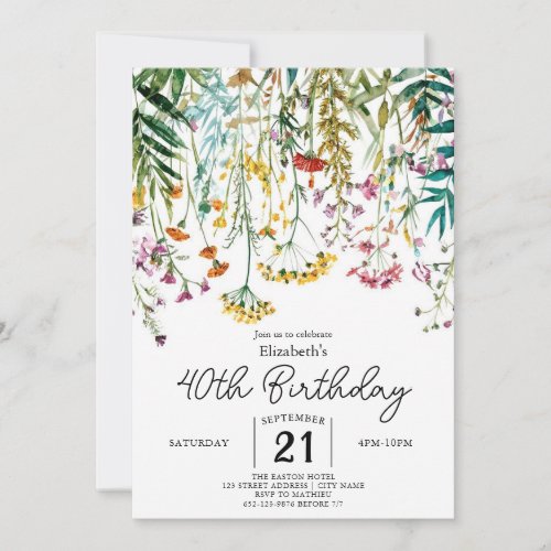 Chic Custom Wildflowers 40th birthday  Invitation