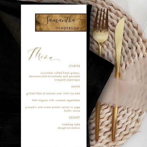 Chic Custom with Guest Name White Black and Gold Menu
