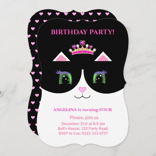 Chic Cute Black Pink White Tuxedo Cat Invitation