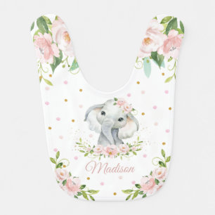 Chic Cute Elephant Pink Blush Floral Gold Glitter Baby Bib