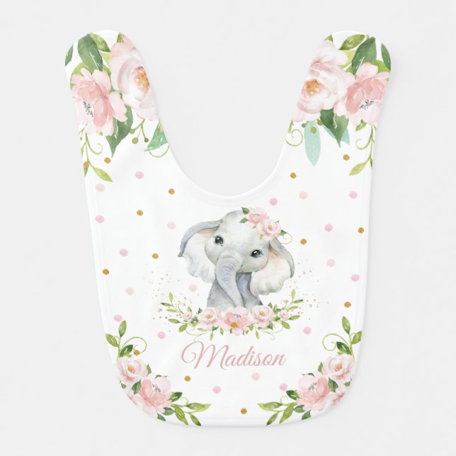 Chic Cute Elephant Pink Blush Floral Gold Glitter Baby Bib (Front)