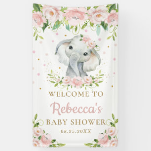 Chic Cute Elephant Pink Floral Backdrop Welcome Banner